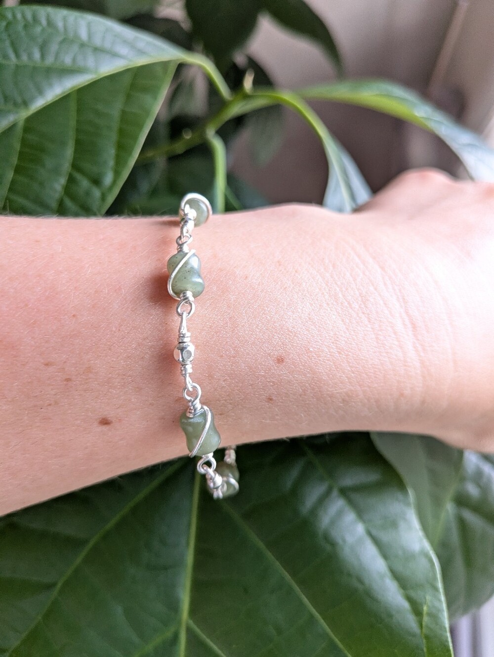 Natural Jade Sterling Silver Chain Bracelet
